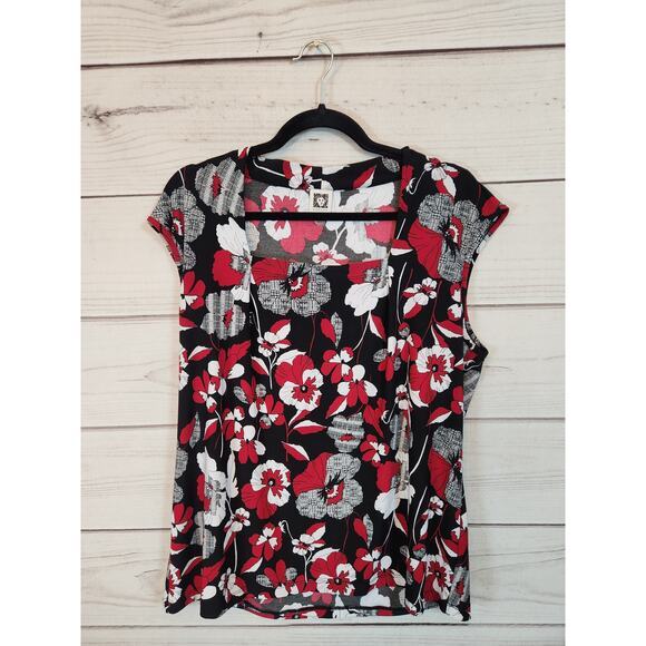 Anne Klein Women's Multicolor Floral Cap Short Sleeve Square Neck Blouse Size XL - Picture 1 of 6